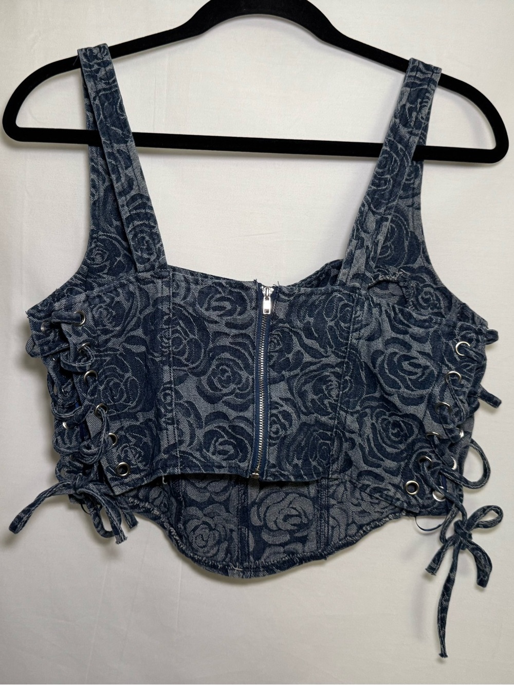 Altar'd State Floral Denim Corset Top Lace Up Blue Sage PT17573-5AS Large - Picture 3 of 6
